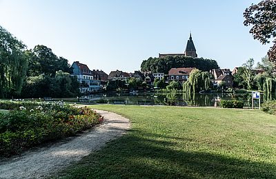 Blick über einen See und eine Grünanlage mit Blumenbeeten auf die historische Altstadt von Mölln mit der St.-Nicolai-Kirche auf einer Anhöhe.